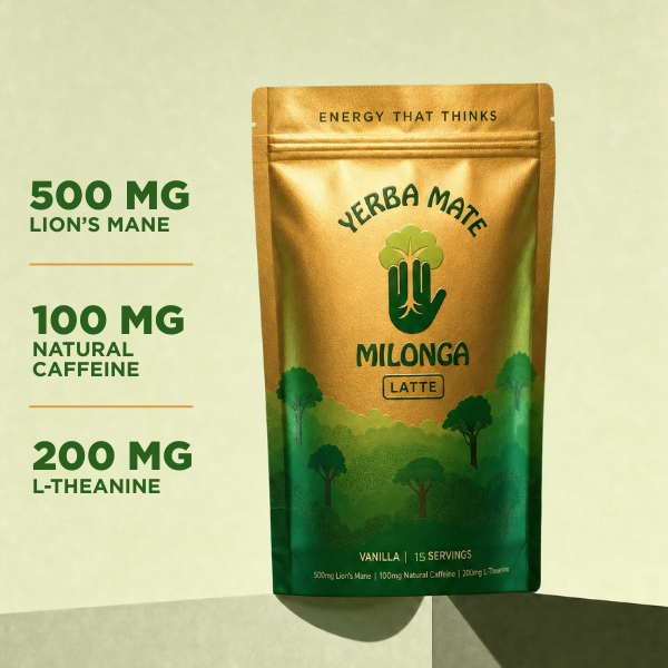 A stand-up pouch of Yerba Mate Milonga Latte on a light beige background, with green text on the left highlighting key ingredients and amounts: 500 mg Lion's Mane, 100 mg Natural Caffeine, and 200 mg L-Theanine.
