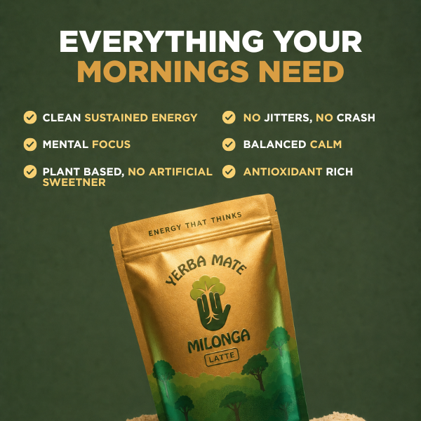 A stand-up pouch of Yerba Mate Milonga Late is shown against a dark green background with marketing text above. The pouch is metallic gold with green and black graphics and the words 'Yerba Mate Milonga Late.