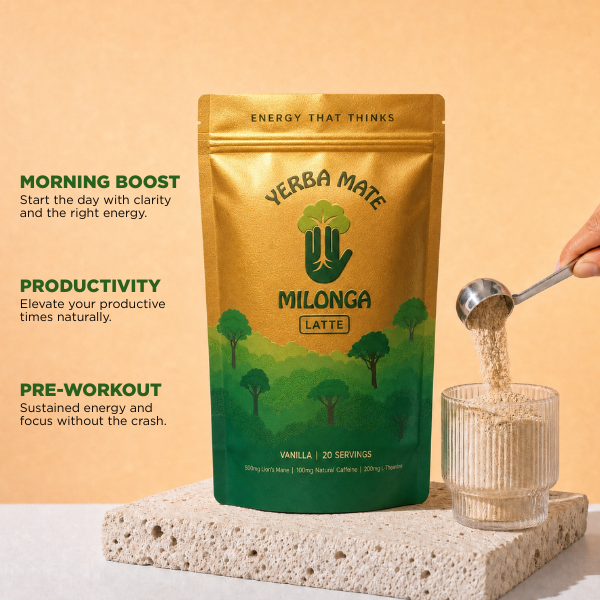 A stand-up pouch of Verba Mate Milonga Latte energy drink mix stands on a textured stone slab, with a hand pouring the beige powder into a glass. The background is a solid warm beige with promotional text on the left.