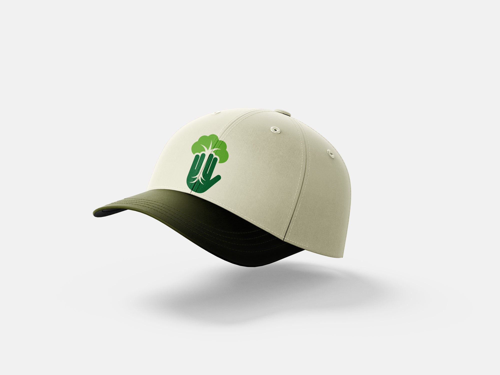 Beige cap with green logo on a white background